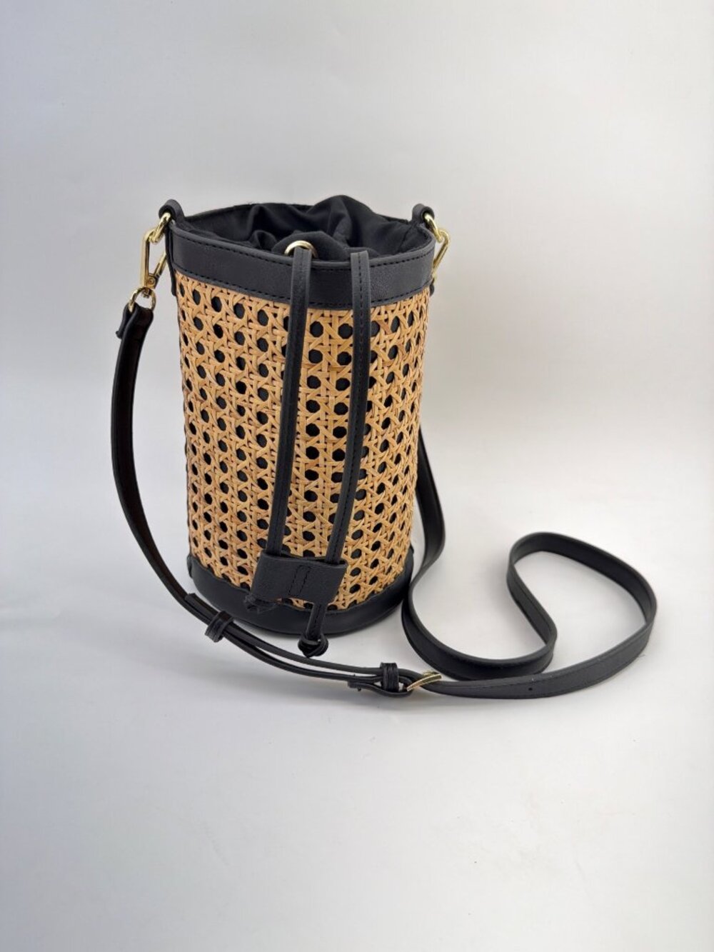 Tommy Bahama Woven Rattan & Black Leather Bucket Bag With Adjustable Strap